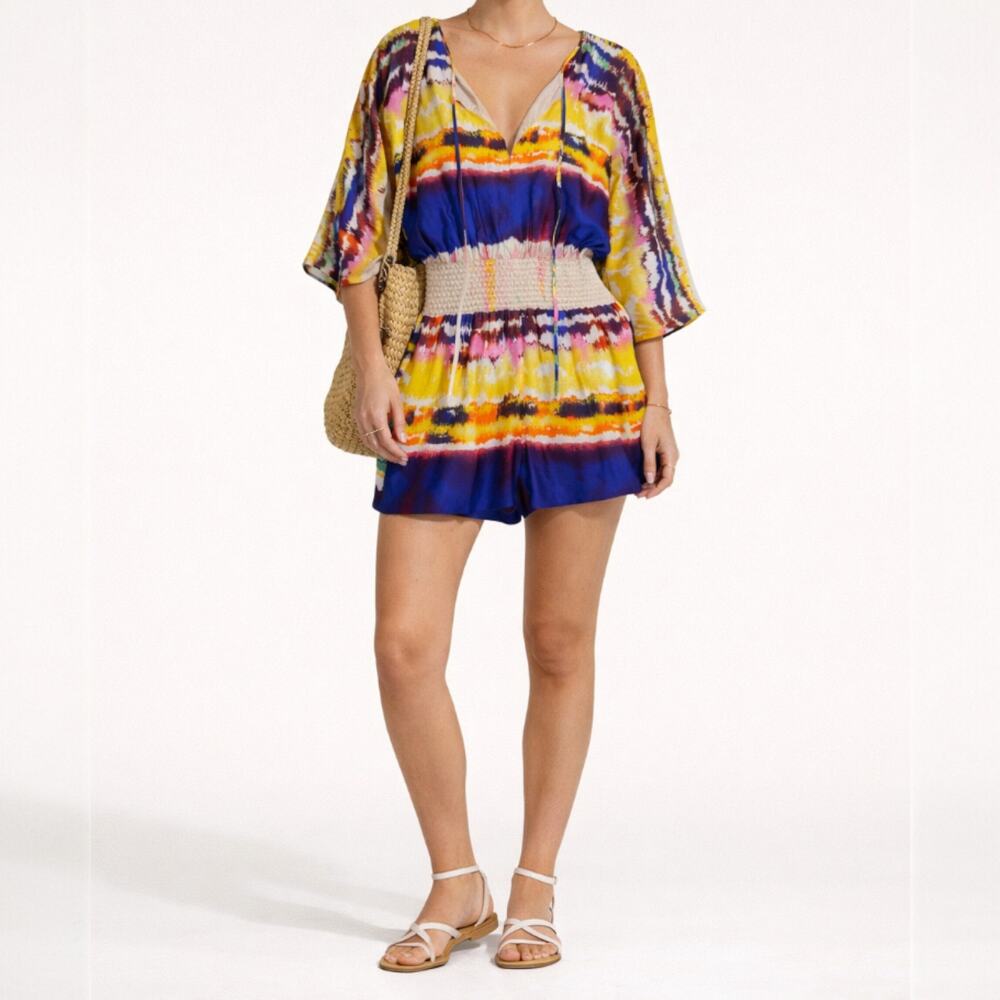 Halston Heritage Resort Vacation Silk Romper 2 Abstract Stripe Smocked Colorful